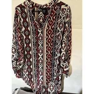 Women's Riley James Blouse Large Red White Black Print Lightweight Long Sleeve
